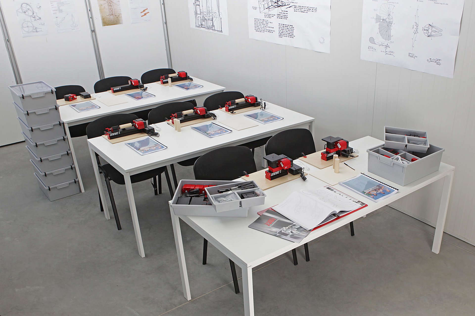 Classroom setup with unimat elementary level machines, 8 machines in total